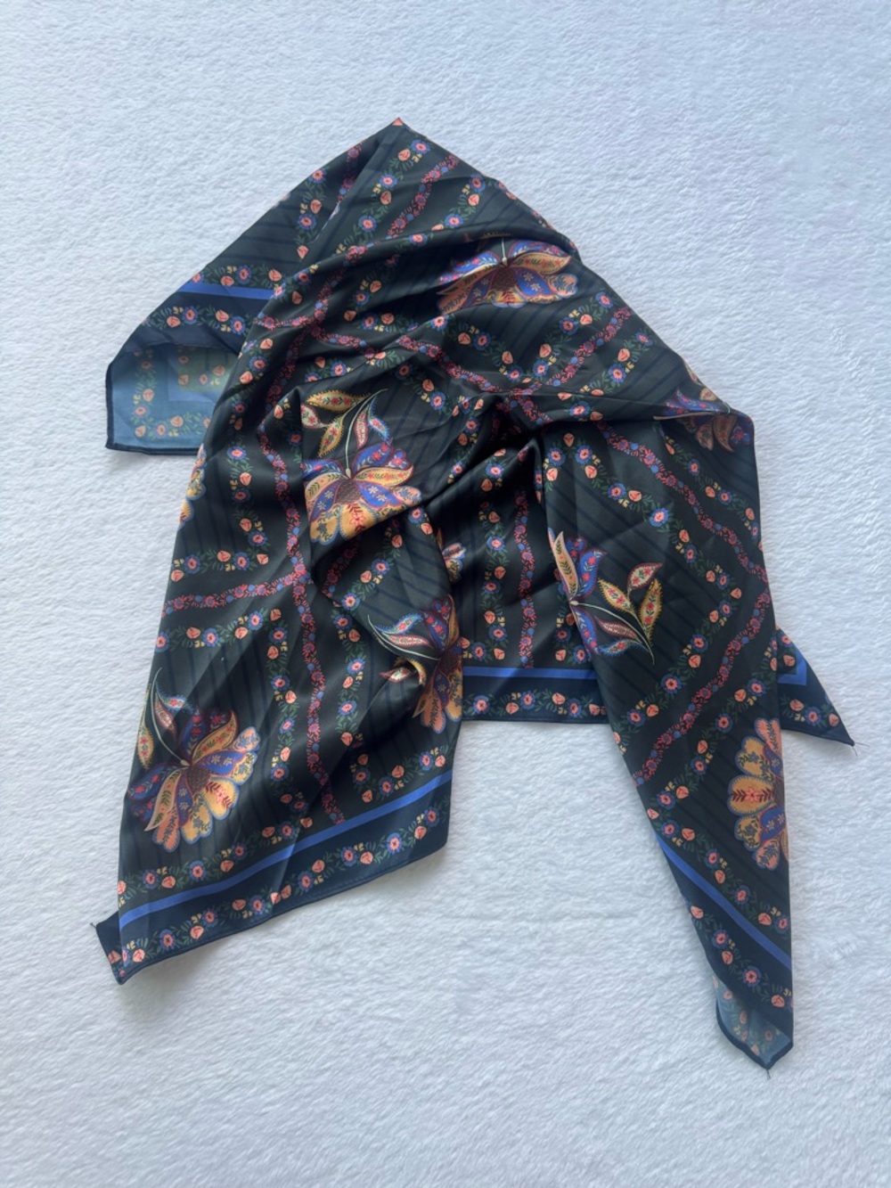 Black Floral Satin Scarf - Lightweight Women's Accessory